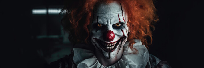 Creepy smiling scary clown for halloween. Generative AI. - obrazy, fototapety, plakaty