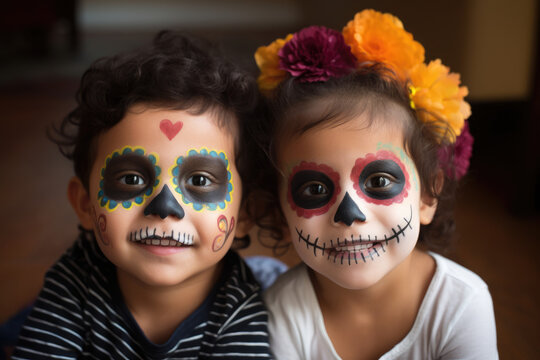 Mexican siblings with sugar skull make-up for Day of the Dead. Generative AI.