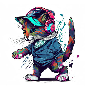 A cat wearing headphones and a jacket. Generative AI. Clip-art on white background