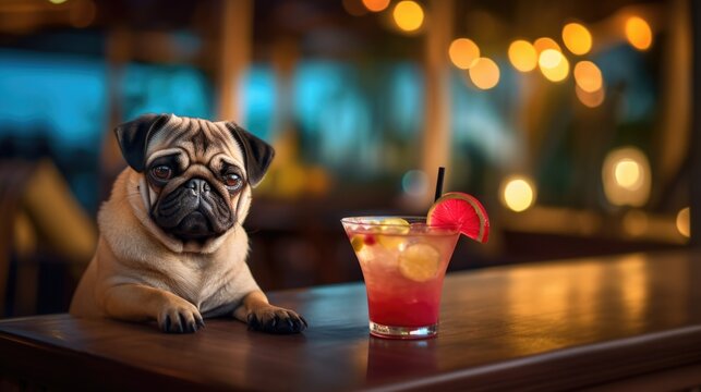 Portrait of pug dog at the outdoor summer holiday resort beach bar enjoying a cocktail drink alone waiting for best friend, sunset blue night sky and relaxing vacation celebration - generative AI