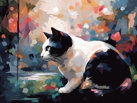 A portrait painting of a black and white cat sitting on a window sill Generative Ai