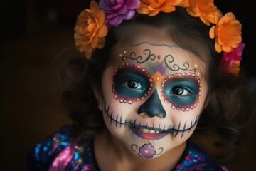 Mexican girl with sugar skull make-up for Day of the Dead. Generative AI.