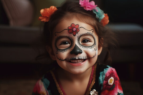Mexican girl with sugar skull make-up for Day of the Dead. Generative AI.