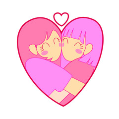 Dibujo de dos mujeres abrazándose formando un corazón con un corazón pequeño arriba. Vectores y color.
