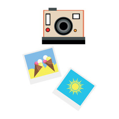 Photo camera with photos on white background
