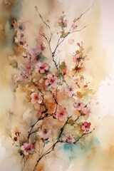 Beautiful abstract watercolor spring blossoms, flowers, branches, for wallpaper and as a design element. Made in part with generative AI
