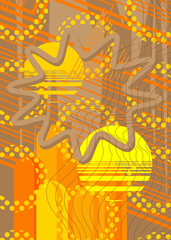 Abstract brown and yellow, golden old geometrical shapes background. Simple retro gold geometric cartoon art illustration. Vibrant graphic busy bronze psychodelic volumetric vector banner, poster.