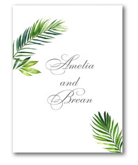 wedding invitation with greenery tropic exotic summer card save the date envelope rsvp menu table label design with tropical fan palm leaf monstera