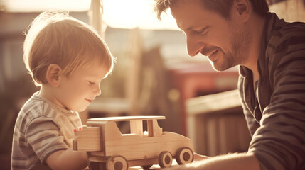 Father and his little child playing wooden car together during the golden hour. Concept of fathers day, fathers love, relationships between dad and child. Generative Ai - obrazy, fototapety, plakaty
