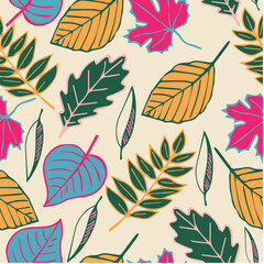 Colorful seamless pattern of autumn leaves with yellow, green, and pink floral background elements
