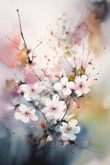 Beautiful abstract watercolor spring blossoms, flowers, branches, for wallpaper and as a design element. Made in part with generative AI
