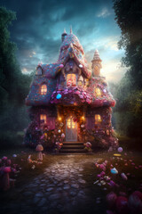 Fototapeta premium Digital illustration of a fantasy candy house, fairy tale sweet cottage hidden in the woods, evocative, mysterious, spooky magical concept. Made in part with generative ai. 