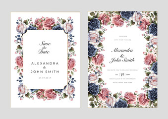 Pink rose flower floral beautiful hand drawn wedding invitation card