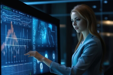 Businesswoman using transparent futuristic interface with her fingertip. Hand touch screen. generative AI.