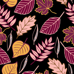 Floral seamless pattern of autumn leaves with pink, yellow, and purple floral elements with dark background