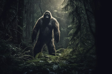 Obraz na płótnie Canvas Bigfoot, Sasquatch in the middle of forest at night