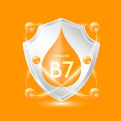Vitamin B7 orange drop inside aluminum shield with atom surround. Minerals and vitamins complex protect the body stay healthy. For nutrition products food. Vector EPS10 illustration.