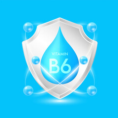 Vitamin B6 blue drop inside aluminum silver shield with atom surround. Minerals and vitamins complex protect the body stay healthy. For nutrition products food. Vector EPS10 illustration.