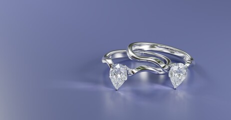 Two white gold rings with overlapping diamonds on a blue background, 3D render design.