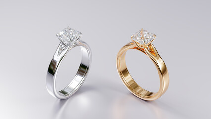 Platinum and gold ring with diamonds on white background from design with 3d render.