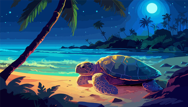 a sea turtle laying eggs on a beach at night, a sea turtle on the beach at night with tropical plants in the background, mysterious jungle, romantic moonlit seascapes, colorful, eye-catching