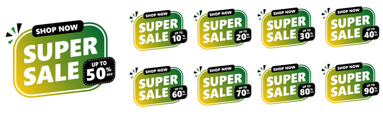 sale banner set collection, hot sale, big sale, super sale, sale banner vector. gradient green and yellow vector banner template. 50%, 10%, 20%, 30%, 40% 60% 70% 80% 90%.