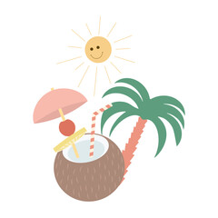 Coconut cocktail on a hot summer day. Flat illustration with palm tree, sun and coconut cocktail, rest time