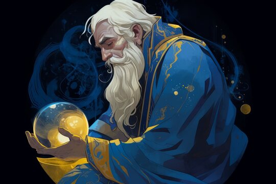 Illustration of a contemplative Blue Robed Wizard, wise and learned, pondering the mysteries of life. Ideal as a concept image or for an RPG game. Made in part with generative ai.
