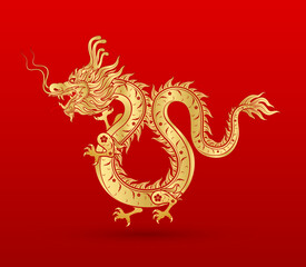 Traditional chinese Dragon gold zodiac sign isolated on red background for card design print media or festival. China lunar calendar animal happy new year. Vector Illustration.