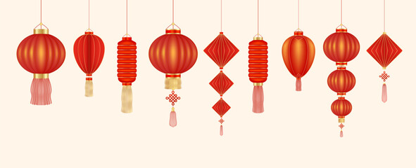 Chinese lantern red hanging decor or teng lang. Decorations for the Chinese New Year Festival chinatown traditional. Isolated on white background. Realistic 3d vector illustration