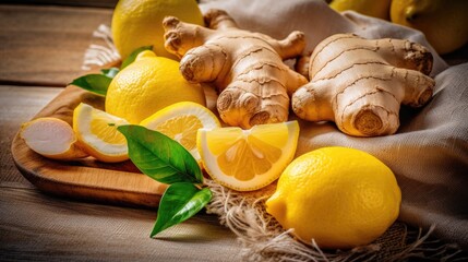 Fototapeta na wymiar Fresh ginger and yellow lemon slices on hessian tablecloth, rustic homely kitchen wooden table, rural organic citrus and harvested roots for healthy holistic living - generative AI