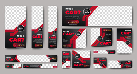 Car Rental Web banners templates, standard sizes with space for photo, modern design