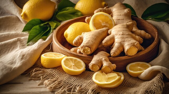 Fresh ginger and yellow lemon slices on hessian tablecloth, rustic homely kitchen wooden table, rural organic citrus and harvested roots for healthy holistic living - generative AI