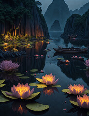 Colorful flowers in a lake at night with illuminated houses, generated by AI