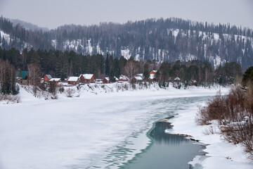 River Lebed' near Altai village Ust'-Lebed' in winter season. Siberia, Russia