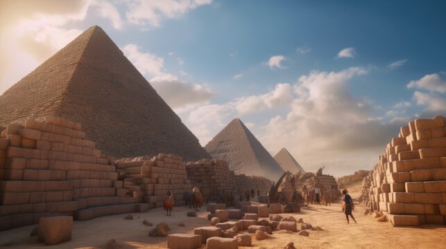 Ancient Egypt building the Pyramids, Egyptian workers drag blocks to their placement on the pyramid, the Great Pyramid at Giza was built by Snefru's son, Khufu. Generative AI