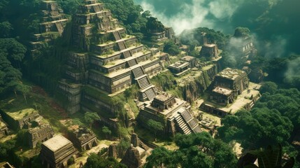 Ancient Mesoamerican city of the Mayan and Aztec, pyramid in jungle, ancient civilization of the Maya with stone temple complex, Generative AI - obrazy, fototapety, plakaty