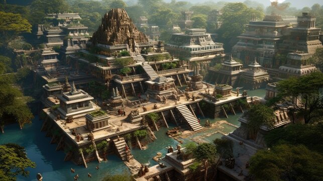Ancient Mesoamerican city of the Mayan and Aztec, pyramid in jungle, ancient civilization of the Maya with stone temple complex, Generative AI