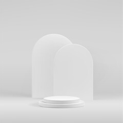 White podium 3d background for product display. Minimal round stairs stage and geometric arch shapes.