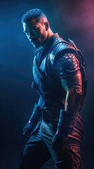 Photo realistic science-fiction, fantasy, black, superhero, super soldier illustration. Anatomy and lighting reference. Generative AI.