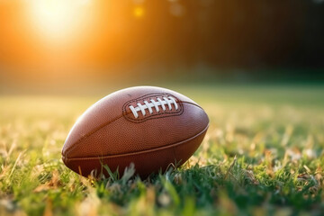 Close-up of american football ball on the field in grass, Generative AI