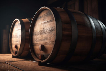 Two wooden barrels in wine cellar, Generative AI