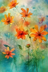 Beautiful colorful wildflowers in a watercolor painted style, splatters, drips and paint stylized flourishes, graphic design asset, generative ai
