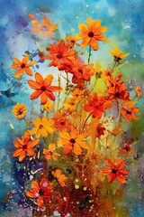 Fototapeta na wymiar Beautiful colorful wildflowers in a watercolor painted style, splatters, drips and paint stylized flourishes, graphic design asset, generative ai 
