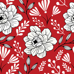 Floral seamless pattern with white leaves and flowers on red background