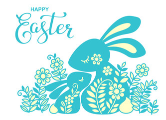 Vector banner with calligraphy text Happy easter and silhouette of a rabbit family among flowers with butterfly. Illustration of mom and baby rabbit