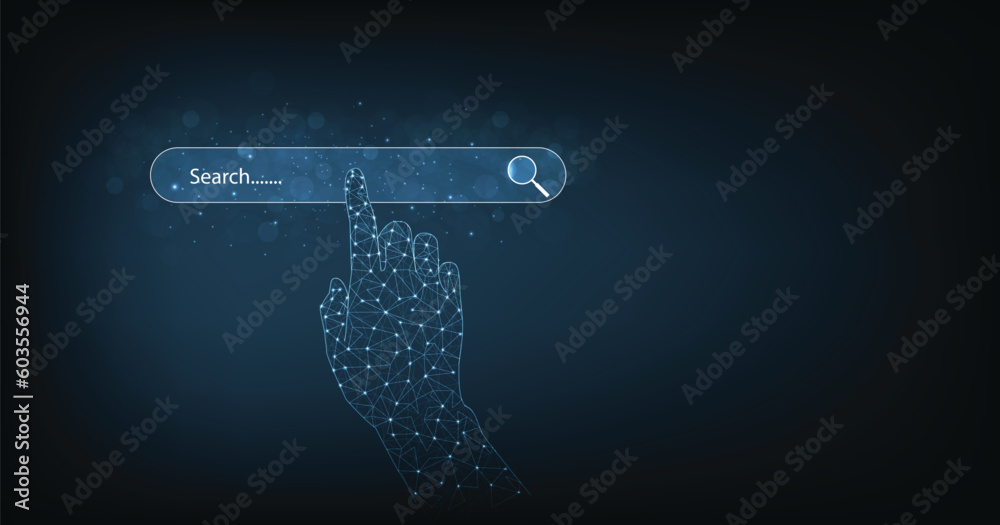 Poster Search engine optimization (SEO) concept. Using the website search bar to find the desired information. Search bar render isolated on dark blue background. 