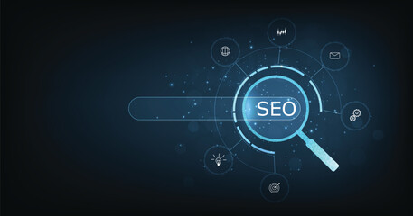 (SEO) Search Engine Optimization. Internet technology for business company. Search engine optimization (SEO) concept on dark blue background.  - obrazy, fototapety, plakaty