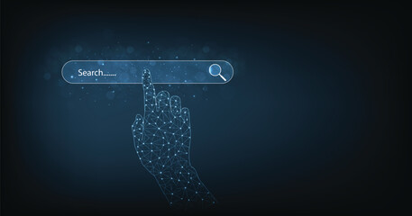 Search engine optimization (SEO) concept. Using the website search bar to find the desired information. Search bar render isolated on dark blue background. 