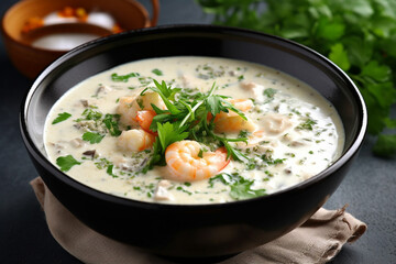 Delicious creamy hearty fish soup with shrimps